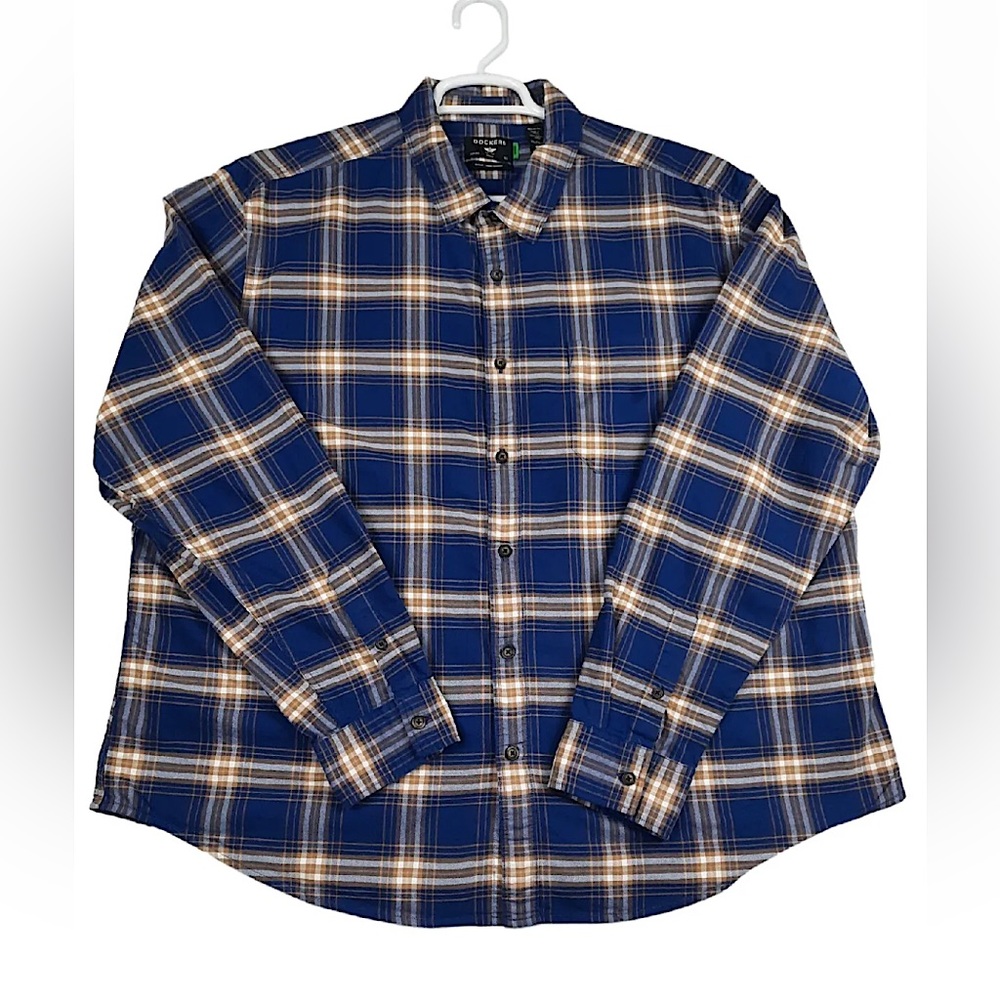 Dockers Mens Regular Organic Blue Plaid Long Sleeve Button Up Shirt Size 2XL